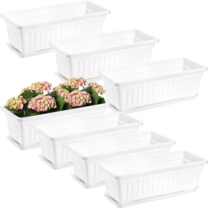 Fasmov 7 Pack 17 Inches White Flower Window Box Plastic Vegetable Planters with Trays Vegetables Growing Container Garden Flower Plant Pot for Balcony, Window Sill, Patio, Garden, White