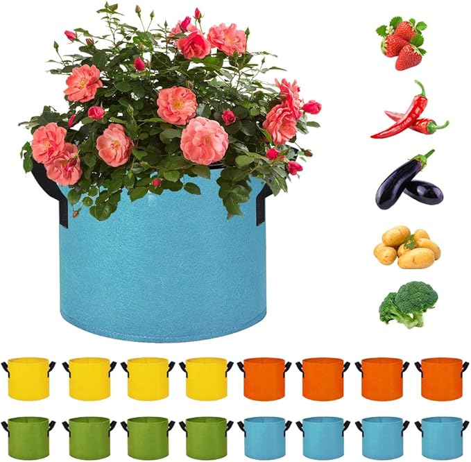 5 Gallon Grow Bags 16 Pack Multicolor Fabric Plant Pots with Handles Nonwoven Potato Grow Bags Plant Growing Containers Bag for Garden Fruit Vegetable Flower(Orange+Blue+Yellow+Green)