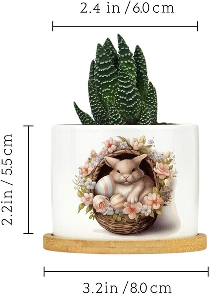 Watercolor Easter Basket Bunny Ceramic Flower Pots,Gardening Plant Pot with Drainage Holes And Saucers Round Ceramic Pots for Indoor Plants Succulent Herbs Cactus Pots for Dad Papa Grandpa