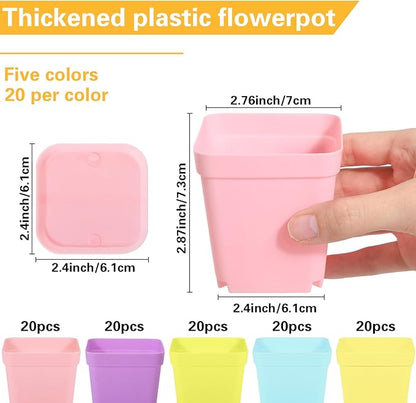 Tioncy 100 Pcs 3 Inch Mini Plant Pots with Tray, Colorful Plastic Plant Pots Flower Seedling Pots Nursery Pots with Saucers for Garden, Indoor Outdoor, Home, Office, Balcony Decor