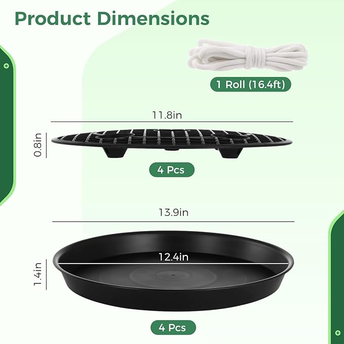 OMISTAR 4 Pack 12 Inch Round Plastic Plant Saucer, Heavy Duty Plant Pot Hole Mesh Drip Trays with Fabric Pot Base, Automatic Watering Plant Saucer for Indoor Planters Flower Pots (Black)