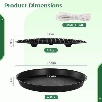 OMISTAR 4 Pack 12 Inch Round Plastic Plant Saucer, Heavy Duty Plant Pot Hole Mesh Drip Trays with Fabric Pot Base, Automatic Watering Plant Saucer for Indoor Planters Flower Pots (Black)