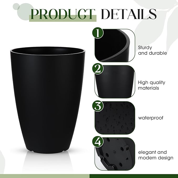 2 Pack 14 Inch Tall Planters for Outdoor Indoor Plants, Black Round Resin Plant Flower Pots with Drainage Hole for Front Porch Patio Garden Deck Living Room Decor