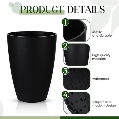 2 Pack 14 Inch Tall Planters for Outdoor Indoor Plants, Black Round Resin Plant Flower Pots with Drainage Hole for Front Porch Patio Garden Deck Living Room Decor
