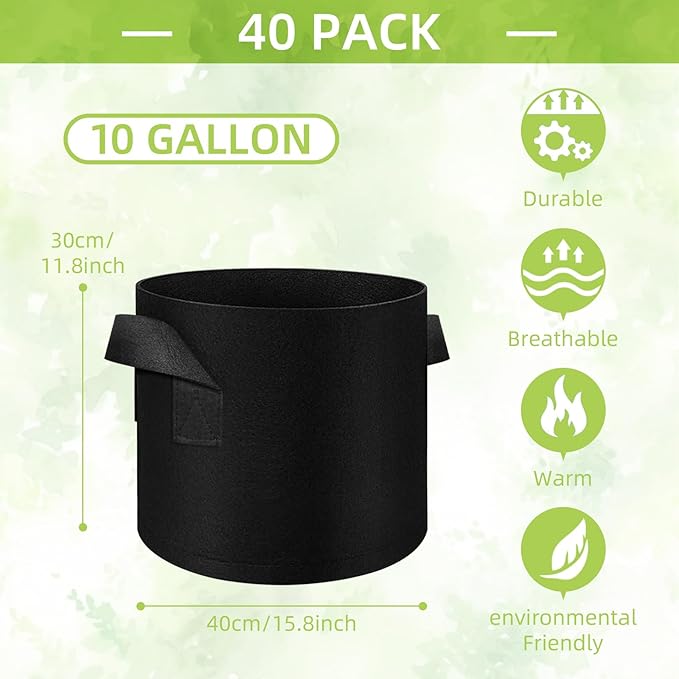 40-Pack 10 Gallon Grow Bag, Non-Woven Fabric Pots Plant Bags, Plant Grow Bags with Handles, Garden Planting Bag for Potatoes, Carrots, Tomatoes and Other Vegetable,Fruits