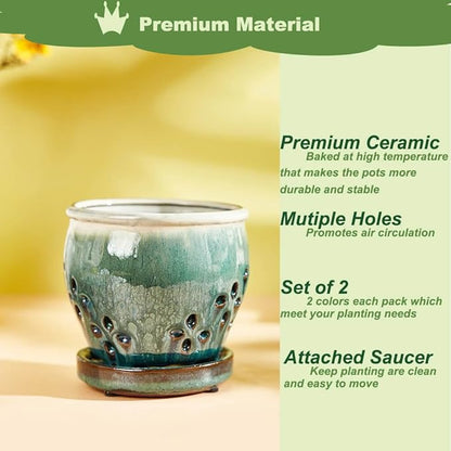 Orchid Pots with Holes Attached Saucers 4.6 Inches - 2 Pcs Small Ceramic Pots for Repotting, Decorative Ceramic Orchid Planter with Hole for Healthy Root Growth White Green
