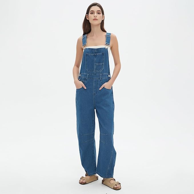 D-Sun Women's Striped Bib Overall Barrel Casual Tapered Overall Pants Wide Leg Adjustable Straps Stretch Jumpsuits