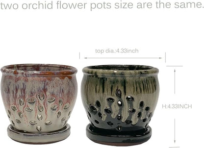 2PCS Small Ceramic Orchid Planter Pots with Holes 4.33inch Ceramic Planters for Orchid Repotting(Black&White)