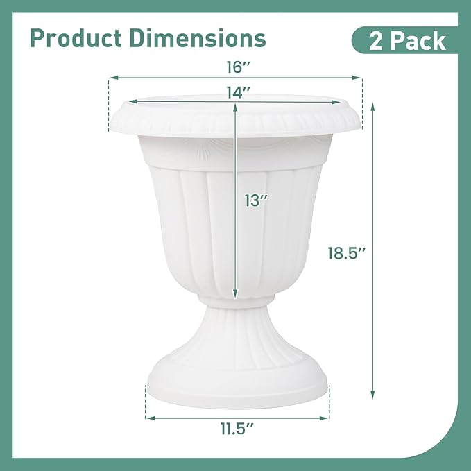Giantex 18" Tall Vintage Planters Set of 4, Urn Plastic Flower Pots with/Pedestal Base & Pre-Marked Drain Hole, Indoor Outdoor Decorative Plant Containers for Front Porch Home Wedding (White)