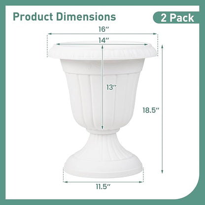Giantex 18" Tall Vintage Planters Set of 4, Urn Plastic Flower Pots with/Pedestal Base & Pre-Marked Drain Hole, Indoor Outdoor Decorative Plant Containers for Front Porch Home Wedding (White)