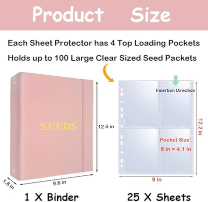 Seed Storage Organizer Binder,3 Ring Seed Packet Organizer with 100 Pockets(25 Pack Clear Sheet Protectors), Garden Seed Holder Book for Envelopes, Seed Saving Keeper, Pink