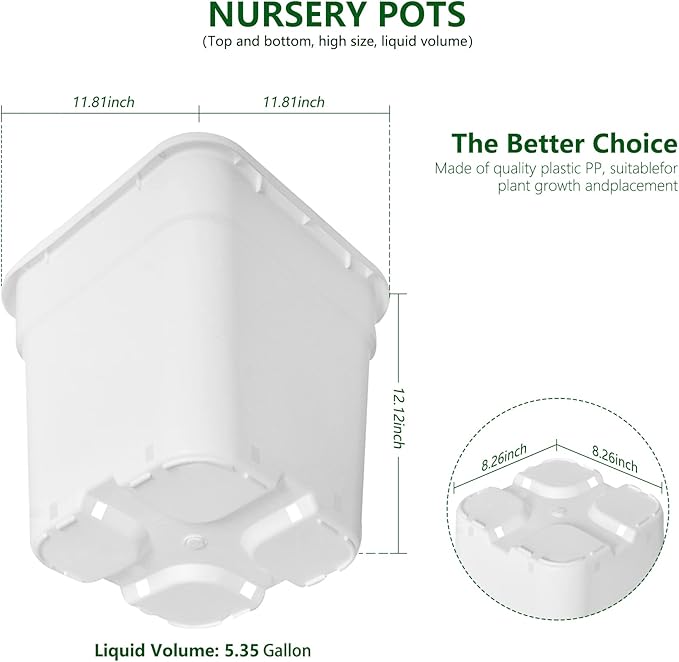 10-Pack 5 Gallon Square Planter Nursery Pots, Flower Plant Container Injection Molded Plastic Nursery Pot Gardening Pots for Indoor Outdoor Vegetables, Succulents, White