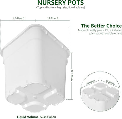 10-Pack 5 Gallon Square Planter Nursery Pots, Flower Plant Container Injection Molded Plastic Nursery Pot Gardening Pots for Indoor Outdoor Vegetables, Succulents, White