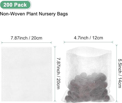 200-Pack Nursery Growing Bags, 7.9" x 7.9" Non-Woven Plant Nursery Bags, Fabric Seeding Pots Pouch for Seed Starting/Soil Transplant/Home Garden Supply [White]