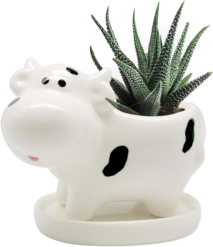 DIYOMR Cute Animal Planter Cow Dog Shaped Funny Small Succulent Pot White Ceramic Plant Pot with Tray for Mini Plants Flowers Cactus, Smooth Ceramic - Plants Not Included (Cow)