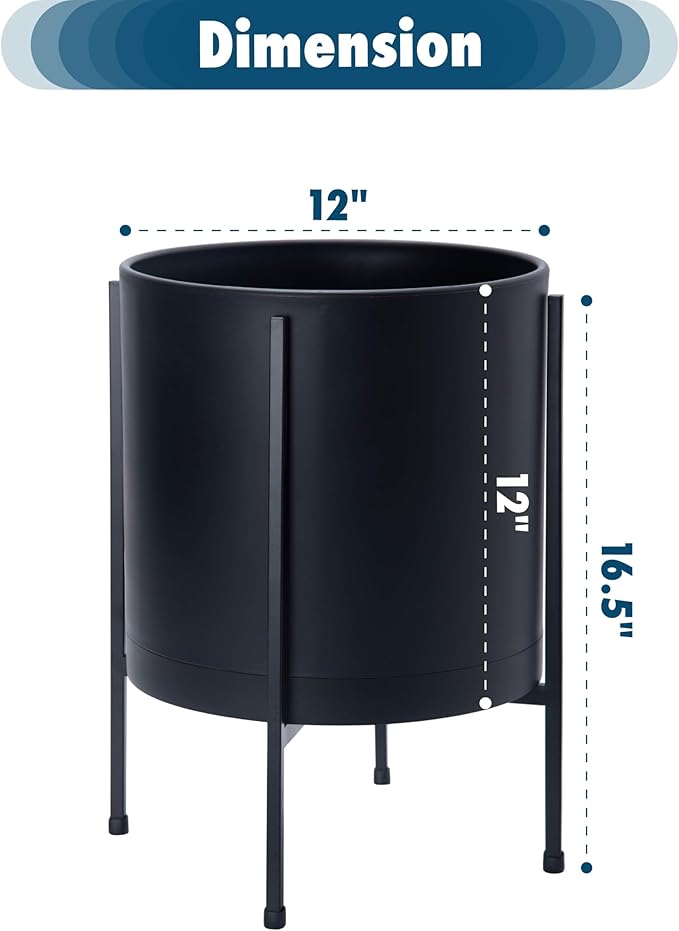 D'vine Dev 12 Inch Black Planter Pot with Stand – Modern Plastic Cylinder Flower Pot with Heavy-Duty Metal Stand for Indoor Plants, 55-D-B-3