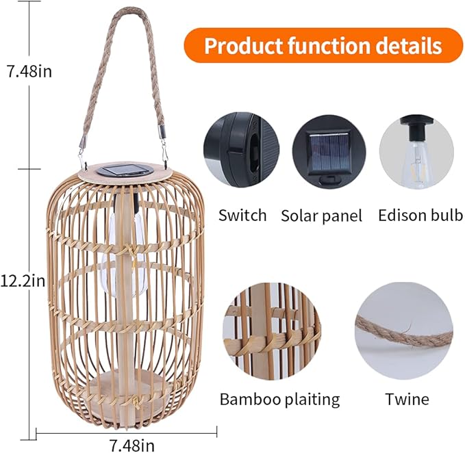 Livinlarge Solar Lantern Outdoor Waterproof, Large Rattan Solar Lantern Outdoor Hanging with Handle, Natural Bamboo Solar Outdoor Lights with Edison Bulb for Garden Patio Yard Tabletop Decoration