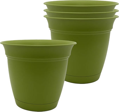 The HC Companies 8 Inch Eclipse Round Planter Pots with Drainage Holes & Attached Saucer, Lightweight UV-Resistant Plastic Indoor Outdoor Planters, 4-Pack Flower Pots for Garden & Home Decor, Peridot