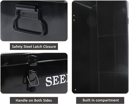 Seed Saving Box, Metal Seed Bin, Seed Storage Organizer, Seed Packet Container with Lid, Seed Envelope Storage Box, 4 Compartments Garden Seed Bin with Safety Locks-Black