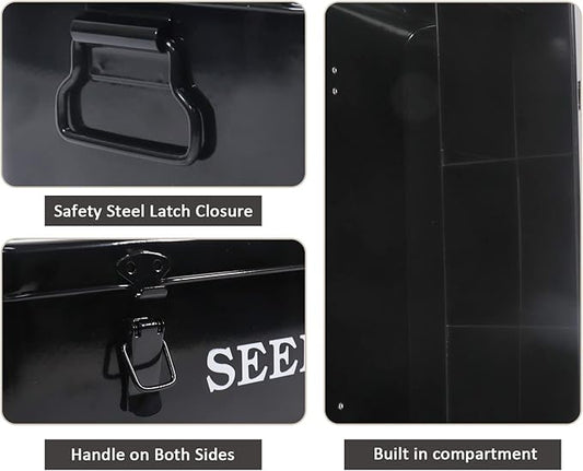 Seed Saving Box, Metal Seed Bin, Seed Storage Organizer, Seed Packet Container with Lid, Seed Envelope Storage Box, 4 Compartments Garden Seed Bin with Safety Locks-Black