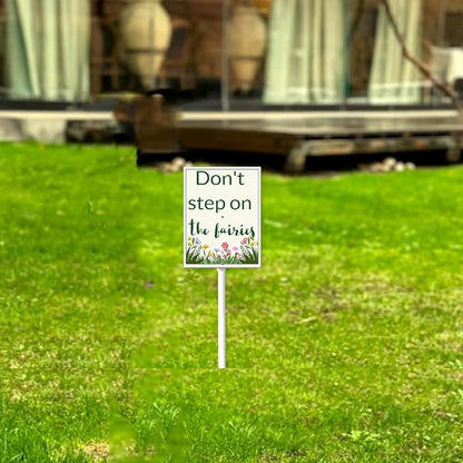 Garden Sign With Stake Don't Step On The Fairies Aluminium Sign 6x4.6inch Modern White Rectangular Fairy Garden Decorative Sign