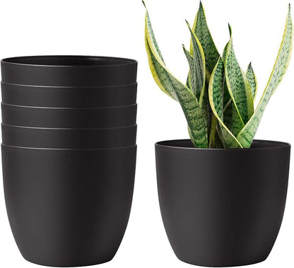 T4U 6 Inch Self Watering Planters Plastic Plant Pot, Modern Decorative Flower Pot/Window Box for All House Plants, Flowers, Herbs, African Violets, Succulents - Black, Set of 6