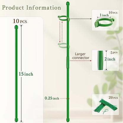 Plant Support Stakes for Indoor SupKing Orchid Sticks with Clips Garden Stake Extended to 2/3/4ft for Outdoor Potted Tomato Rose Vegetables House Palnts Comes with 20 Plants Ties(15 inch 10Pcs)
