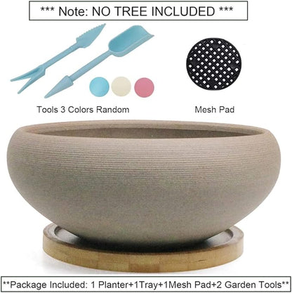 MUZHI Round Unglazed Ceramic Bonsai Pot with Bamboo Tray, Large Rough Pottery Succulent Planter with Drainage Hole 8 inch … (8”)