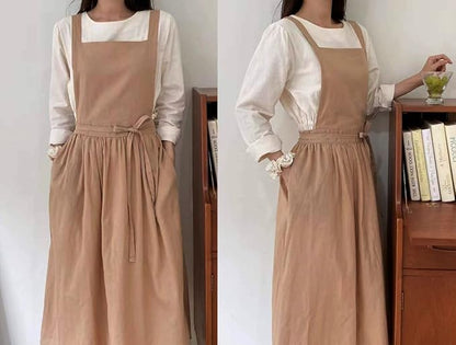 Cute Retro Cotton Linen X-Back Aprons Home Kitchen Garden Art Painting Pinafore Florist Shop Overalls