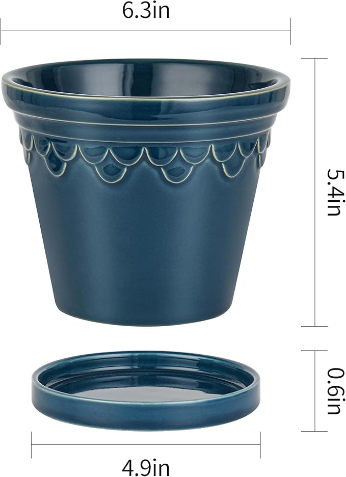 6.3 Inch Ceramic Planter, Plant Pot with Drainage Hole and Saucer, Decorative Glaze Flower Pot for Indoor Plants (Capri Blue)