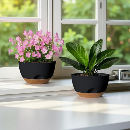 12 Inch Large Self Watering Pots, 2 Pack Plant Pots with Drainage Holes and Saucers, Self Watering Planter for Indoor Outdoor Garden Plants and Flowers (Black)