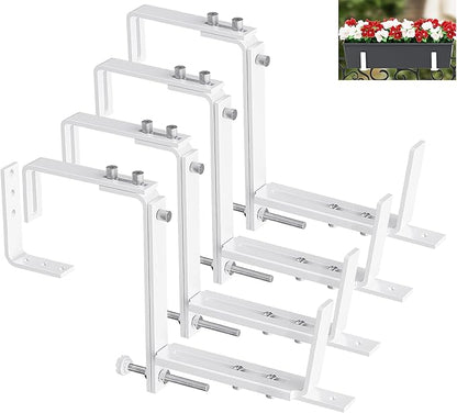 Y&M 4 Pcs Deck Railing Adjustable Planter Box Brackets (6 to 12.5 in), Universal Heavy Duty Iron Flower Box Brackets Wall Mounting Hooks for Fences, Patio, and Garden - White (Patent Registered)