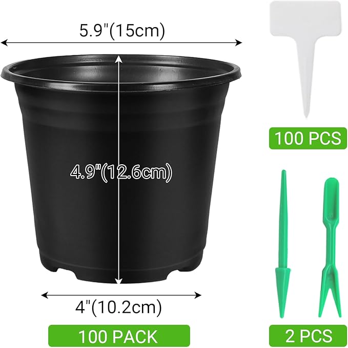 100 Pack 0.5 Gallon Plastic Plant Nursery Pots Thickened Soft Plastic Plant Pots with 100 Pcs Waterproof T-Type Plant Tags and 2Pcs/Set Transplanting Digging Mini Tools(Black)