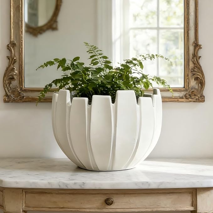 Large Round Planter with Drainage Hole, 11.8''H × 15.8''D Sphere Indoor Plant Pot, Modern Flower Pot for Outdoor Garden Patio Home, Wavy Rim Design, White