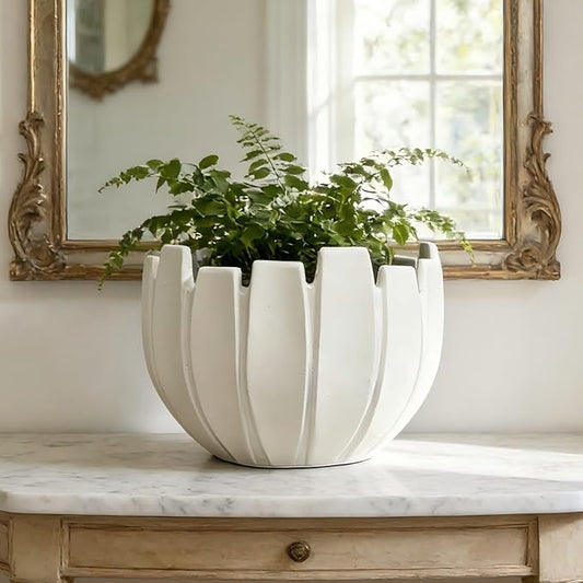 Large Round Planter with Drainage Hole, 11.8''H × 15.8''D Sphere Indoor Plant Pot, Modern Flower Pot for Outdoor Garden Patio Home, Wavy Rim Design, White