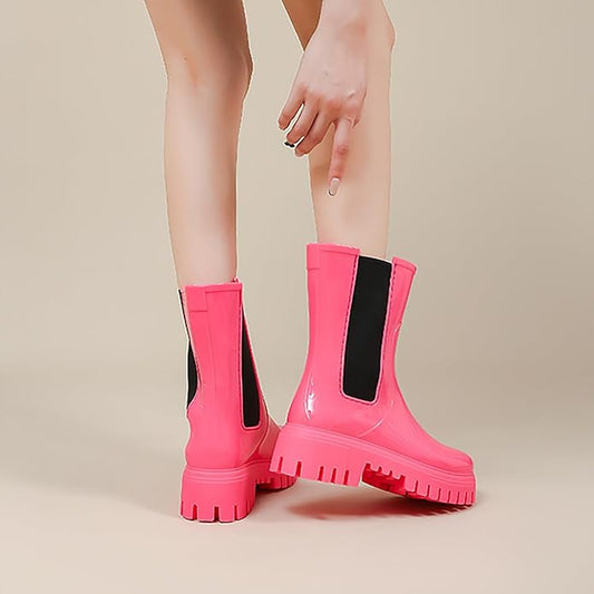 Women'S Waterproof Lug Sole Rain Boots Fashion Elastic Slip On Comfortable Platform Chunky Heel Chelsea Ankle Boots Casual Outdoor Non-Slip Rubber Garden Booties