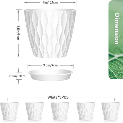 4 inch Small Plastic Nursery Pots, 5 Pack Water Ripples Plant Pots for Indoor Plants, Flower Pots with Drainage Holes and Saucers, Seedling Starter Planters for Succulent Plants, White