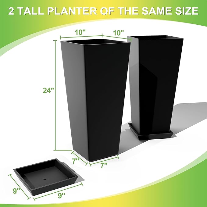 Set of 4 24" Tall Plastic Planters with Trays, Large Tapered Plant Pots for Indoor Outdoor Use, Modern Decorative Planters for Porch, Patio, Garden, and Backyard