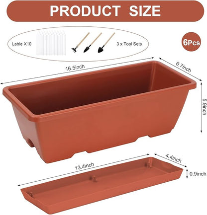 HOXHA Window Box Planter, 6 Pack 17inch Plastic Vegetable Flower Planter Boxes with Tray, Indoor Outdoor Flower Pots for Windowsill, Patio, Porch, Garden Balcony, Brick Red