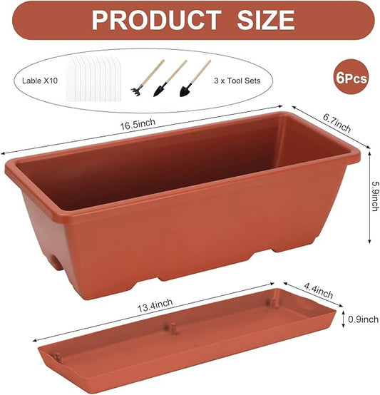 HOXHA Window Box Planter, 6 Pack 17inch Plastic Vegetable Flower Planter Boxes with Tray, Indoor Outdoor Flower Pots for Windowsill, Patio, Porch, Garden Balcony, Brick Red