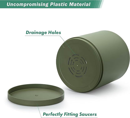 D'vine Dev 14 Inch Plastic Planter Pots for Plant Pot with Drainage Hole and Seamless Saucers, Olive, 74-X-I-4