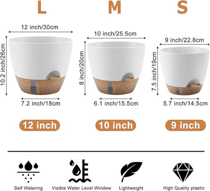 Self-Watering Plant Pots with Water Level Indicator, Drainage Holes & Saucers – 12/10/9 Inch Large Plastic Planter Set for Indoor & Outdoor Plants (White)