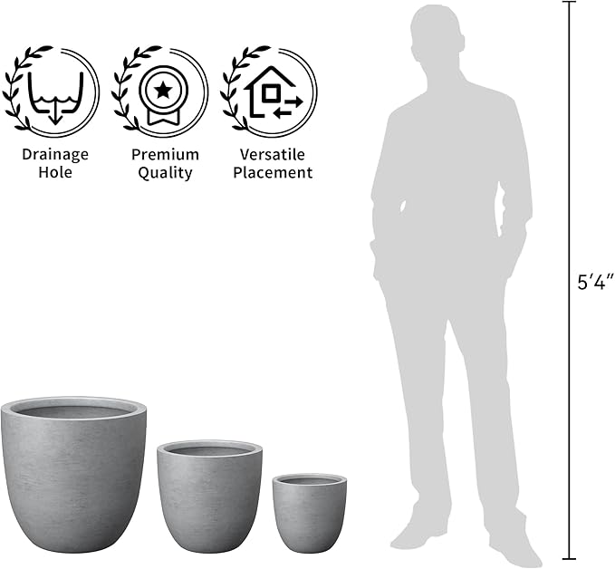 Kante Round Concrete Planter Set of 3, Large Outdoor Indoor Plant Pots with Drainage Hole, 10/14/18-Inch Diameter Flower Pots for Patio, Garden and Home, Gray
