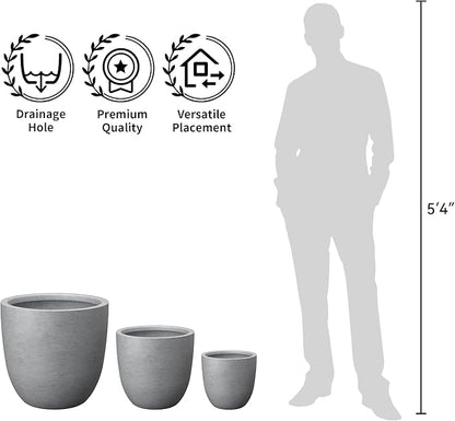 Kante Round Concrete Planter Set of 3, Large Outdoor Indoor Plant Pots with Drainage Hole, 10/14/18-Inch Diameter Flower Pots for Patio, Garden and Home, Gray