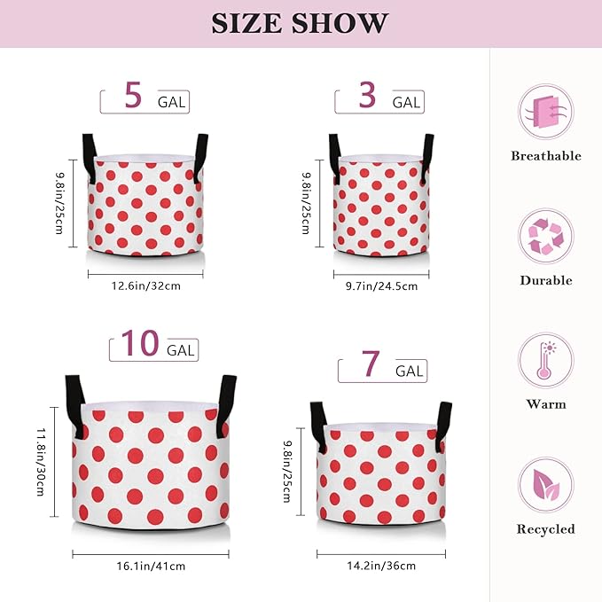 J JOYSAY Polka Dot Red White Plant Grow Bags 7 Gallon Plant Pots Heavy Duty Thickened Garden Pots with Handles for Potato Tomato Vegetables