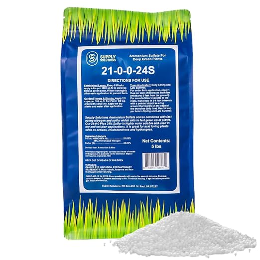 Supply Solutions Ammonium Sulfate Fertilizer 21-0-0 +24% Sulfur for Deep Green Plants - Soil Acidifier for Flowers, Trees, Lawn, Acid Loving - Sulfur for Plants Hydrangea Fertilizer (5 Pounds)