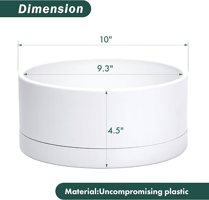 D'vine Dev 10 Inch Plastic Shallow Planter, Large Round Succulent Plant Pot with Drainage Hole and Sauce, Decorative Bonsai Pot for Indoor Plants, White, 76-Z-A-2