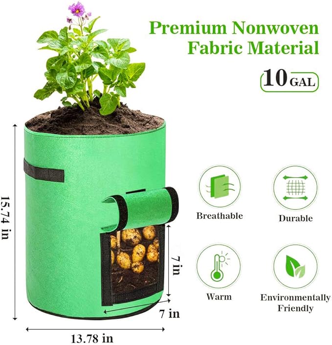 10 Gallon Potato Grow Bags, 2 Pack Planter Bags Breathable Non-Woven Fabric Grow Pot Garden Heavy Duty Plant growing Bags with Handles and Access Window Green