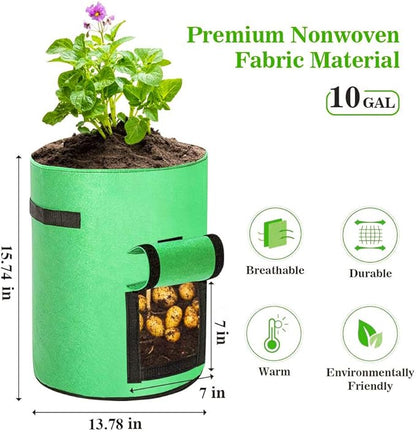 10 Gallon Potato Grow Bags, 2 Pack Planter Bags Breathable Non-Woven Fabric Grow Pot Garden Heavy Duty Plant growing Bags with Handles and Access Window Green