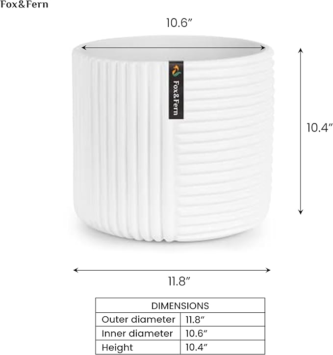 Fox & Fern Large 12 Inch Planter with Drainage Plug — Premium Polystone White Plant Pot - Modern Planter with 3D Texture and Ceramic Finish - 12 Inch Pots for Plants Indoor & Outdoor